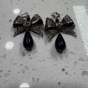 Vintage Sterling Silver and Black Bow Earrings